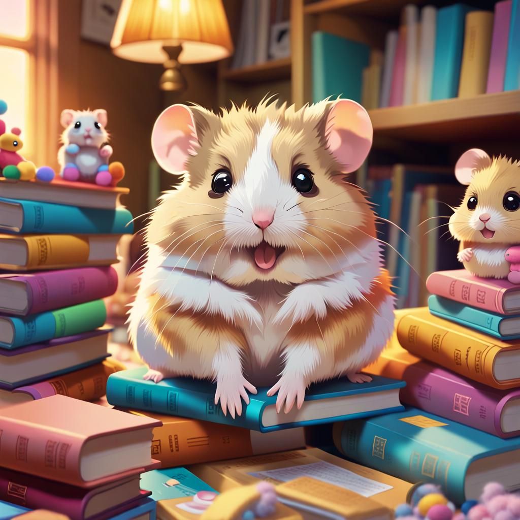 Cute Hamster in a Cozy Book Nook, Anime-Inspired Digital Art