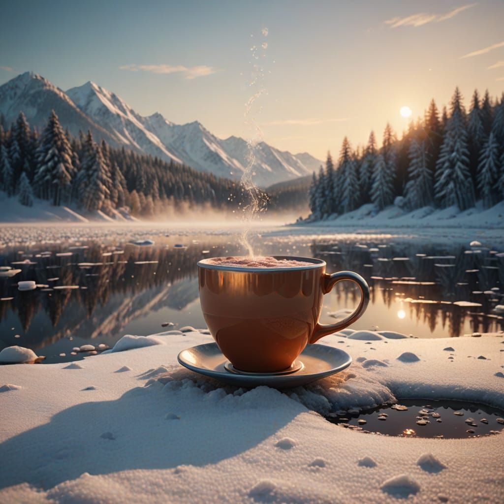 Steaming Cocoa Warms a Frozen Lake in Winter