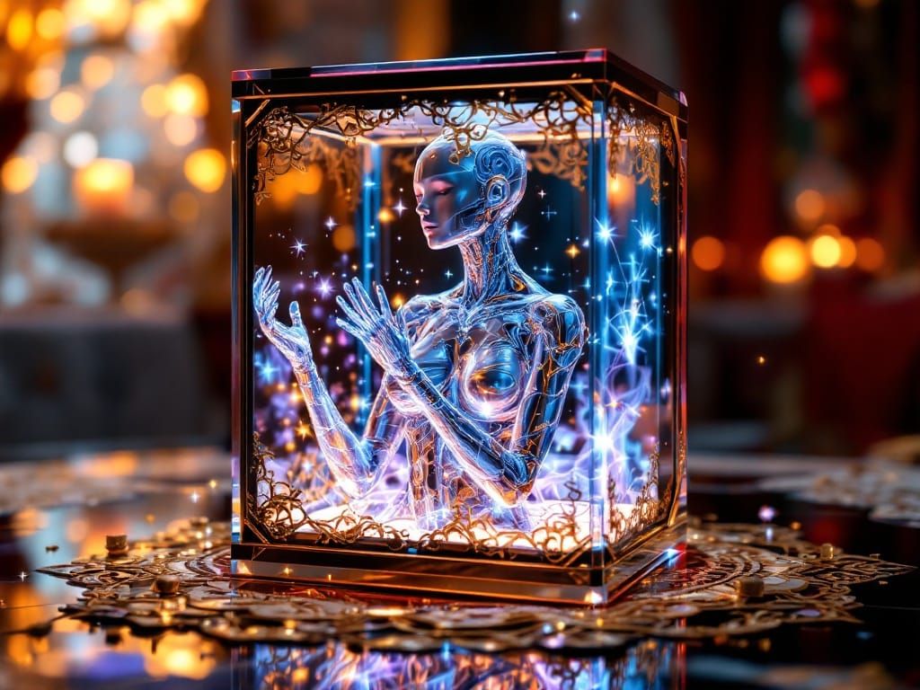 Surrealistic Silver Android in Art Deco Glass Cube