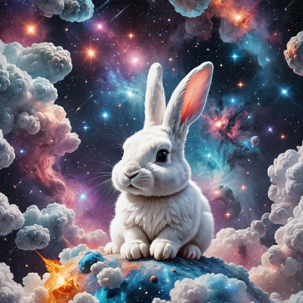 Cosmic Bunny in Galaxy, Holographic Illustration