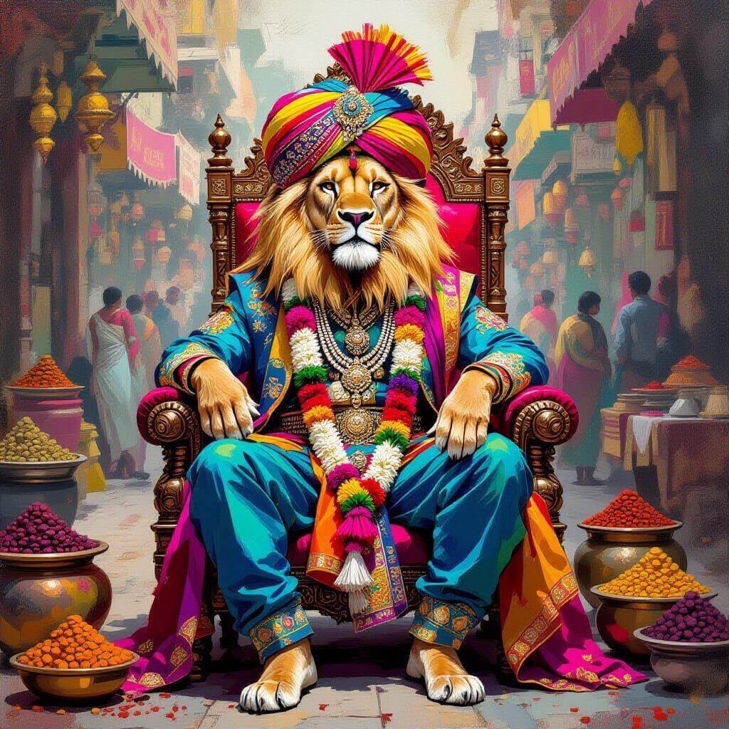 Lion King in Indian Royal Attire, Gouache Style