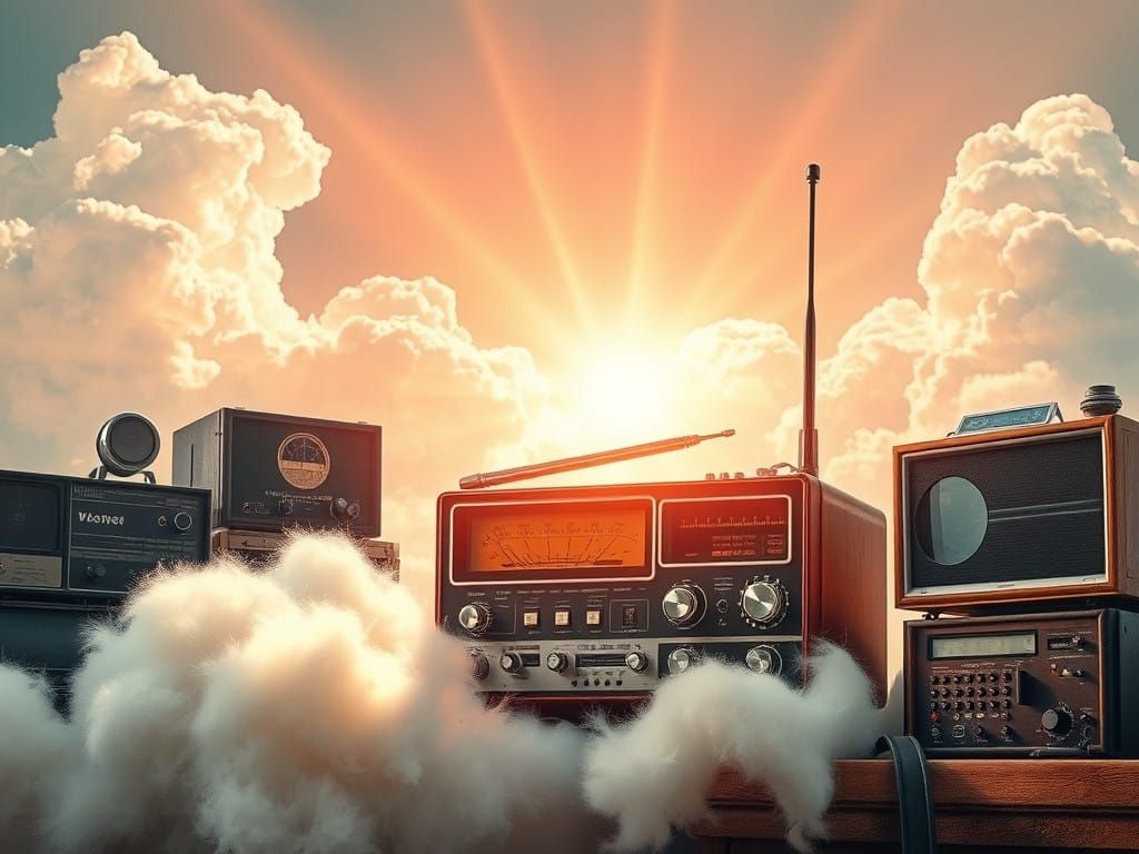 Vintage Ham Radio Transceiver Amidst Heavenly Clouds