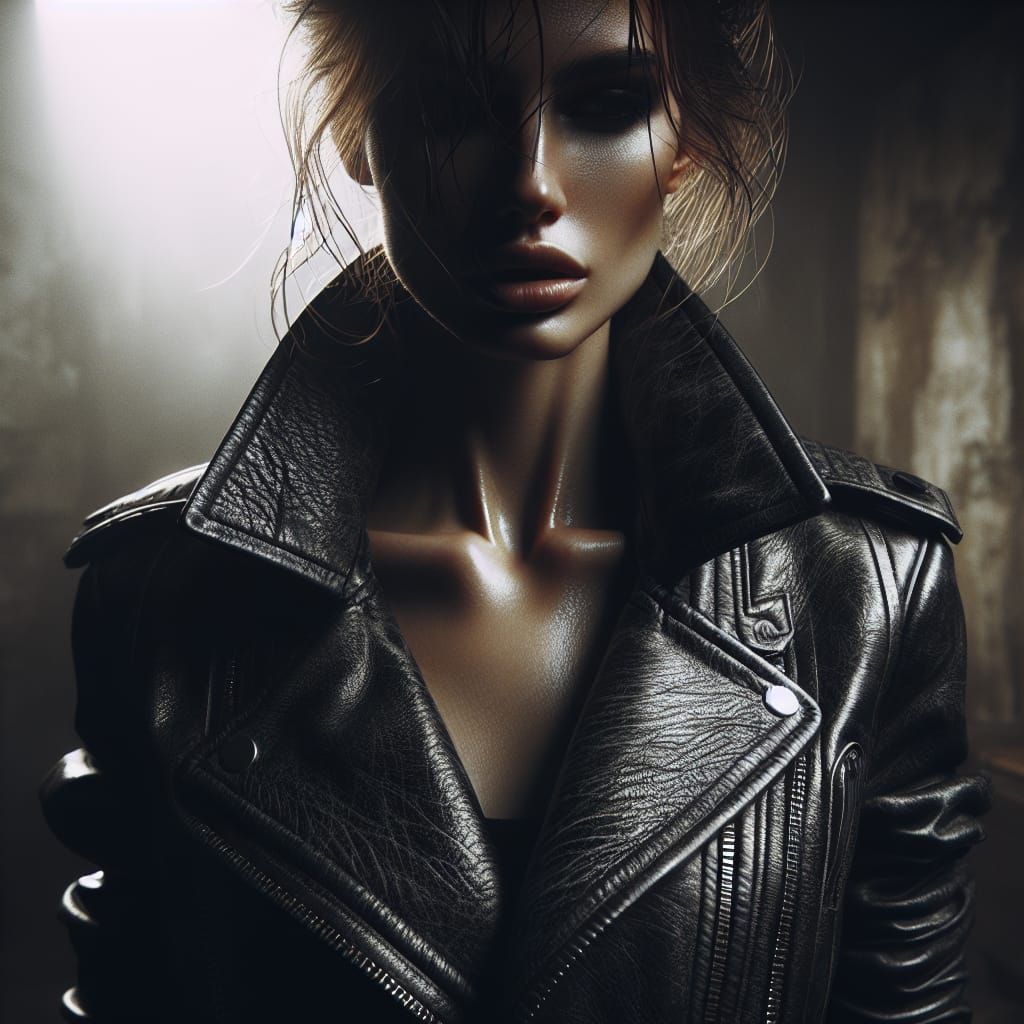 Hyperrealistic Woman in Detailed Leather Jacket