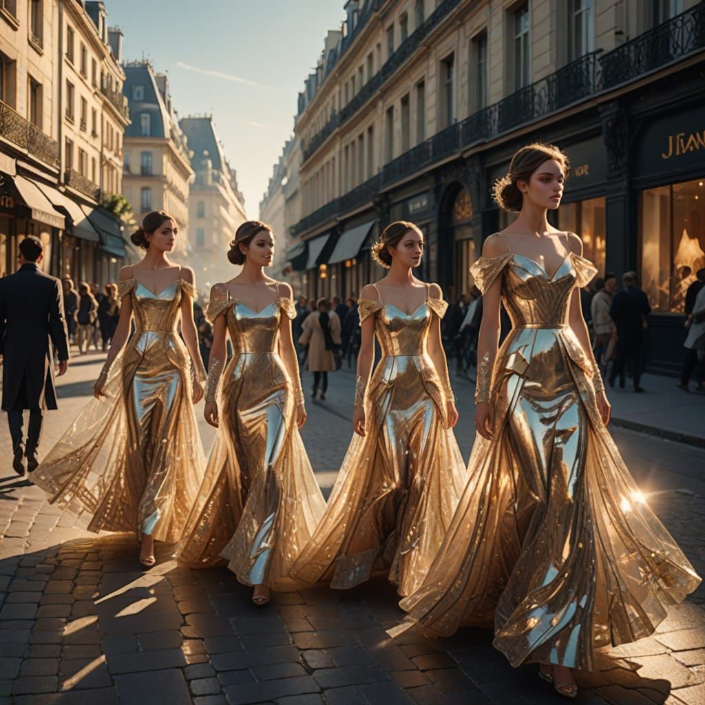 Women in Shimmering Glass Dresses Parade Down Parisian Stree...