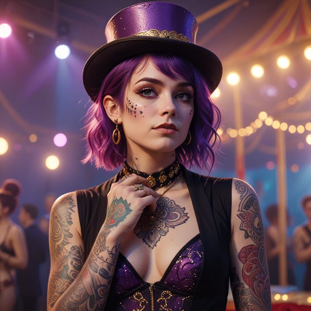 Emo Ringmaster Portrait in Circus with Purple Hair