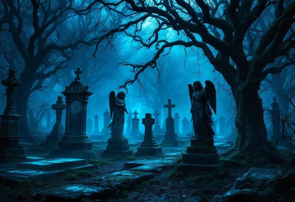 Bioluminescent Gothic Graveyard with Ethereal Glow