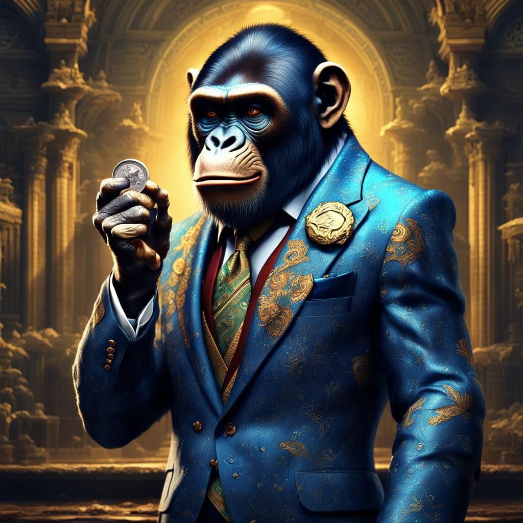 Ape in Suit Holding Coin: Detailed Matte Painting