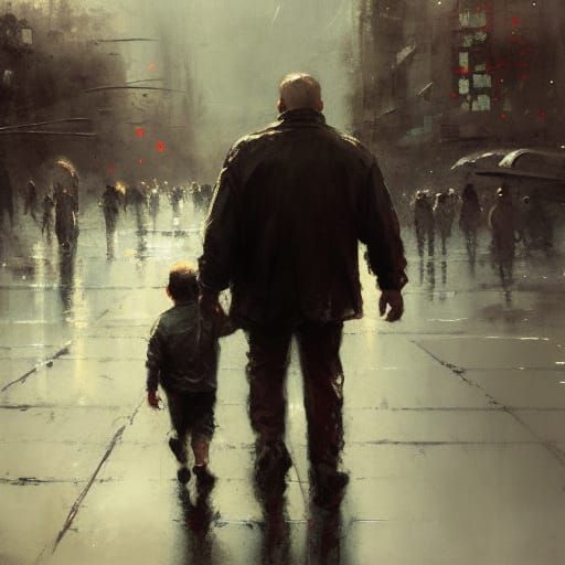 Father and Son Walking: Oil on Canvas Style