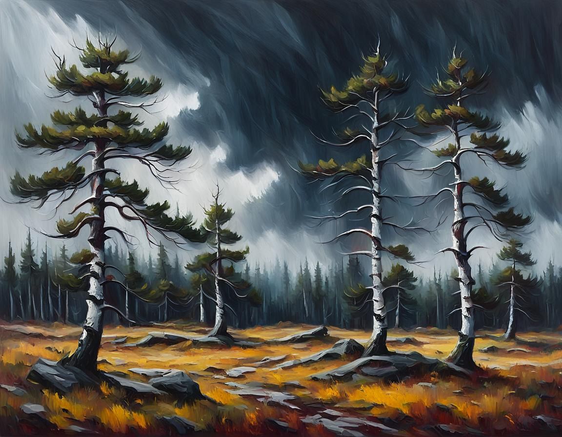 Dramatic Moorland Pines in Approaching Storm, Oil Painting