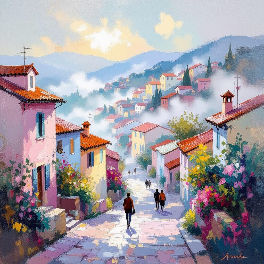 Impressionistic Town Emerging from Mist