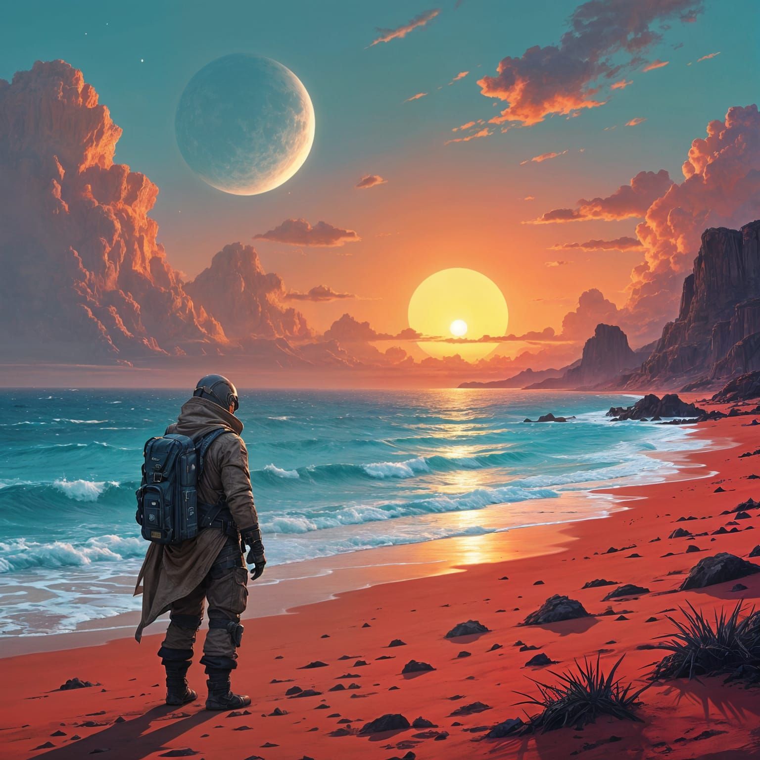 Explorer on Alien Beach Under Binary Sunset