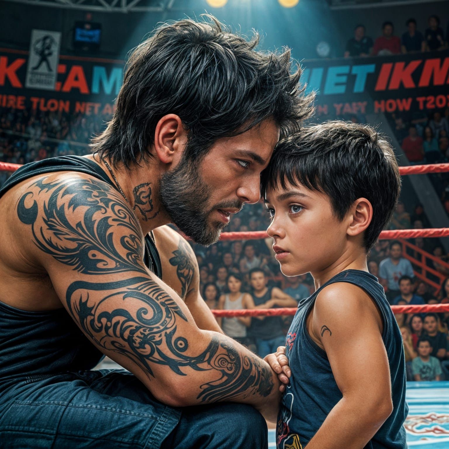 Hyperrealistic Image of Boy and Man at Wrestling Ring