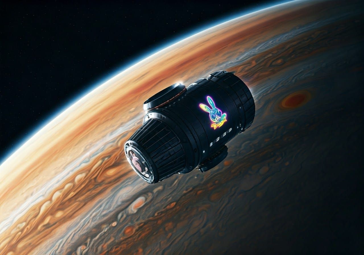 Sleek Satellite with Rabbit Logo Soars Through Jupiter's Tur...