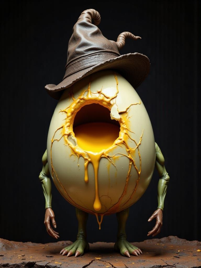 Alien Egg Character With Spilling Yolk, Wearing Hat
