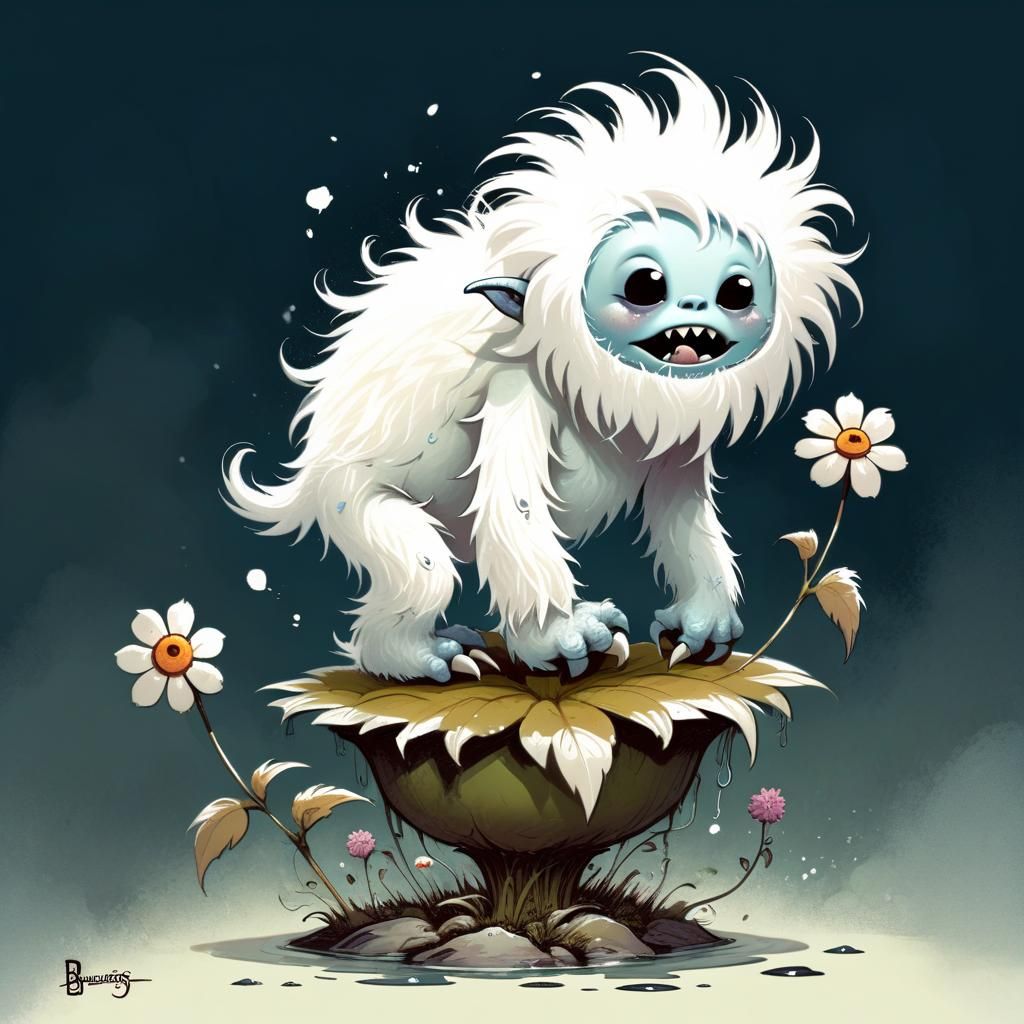Surreal Yeti Monster on Flower Illustration