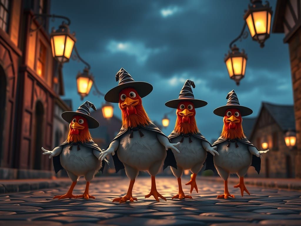 Witch Chickens on Cobblestone Street at Night