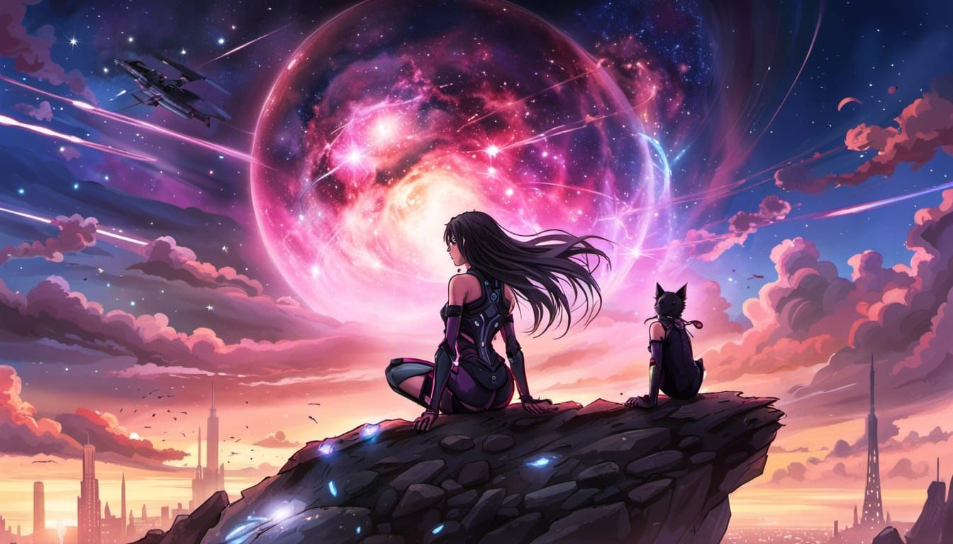 Cyberpunk Cat Girl on Battlefield in Anime Art
