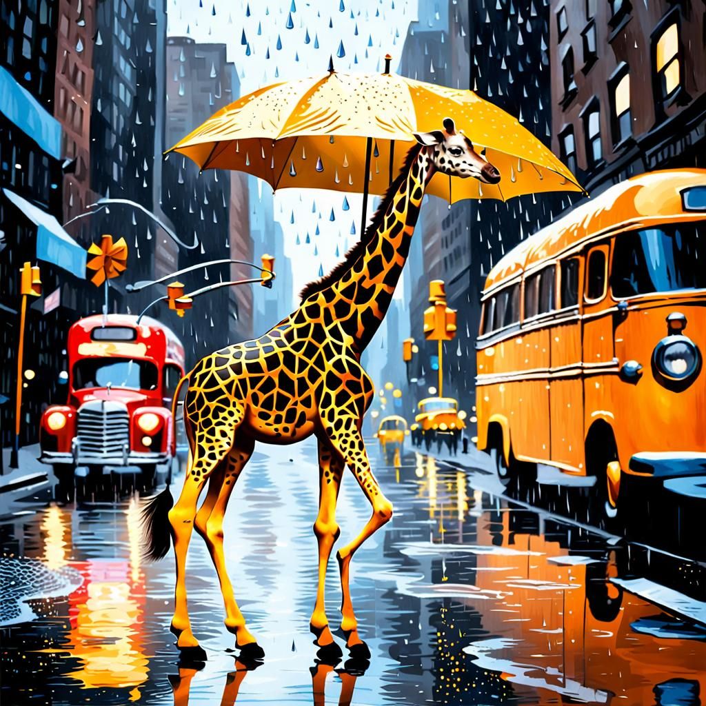 Giraffe Dances in Rainy New York Night