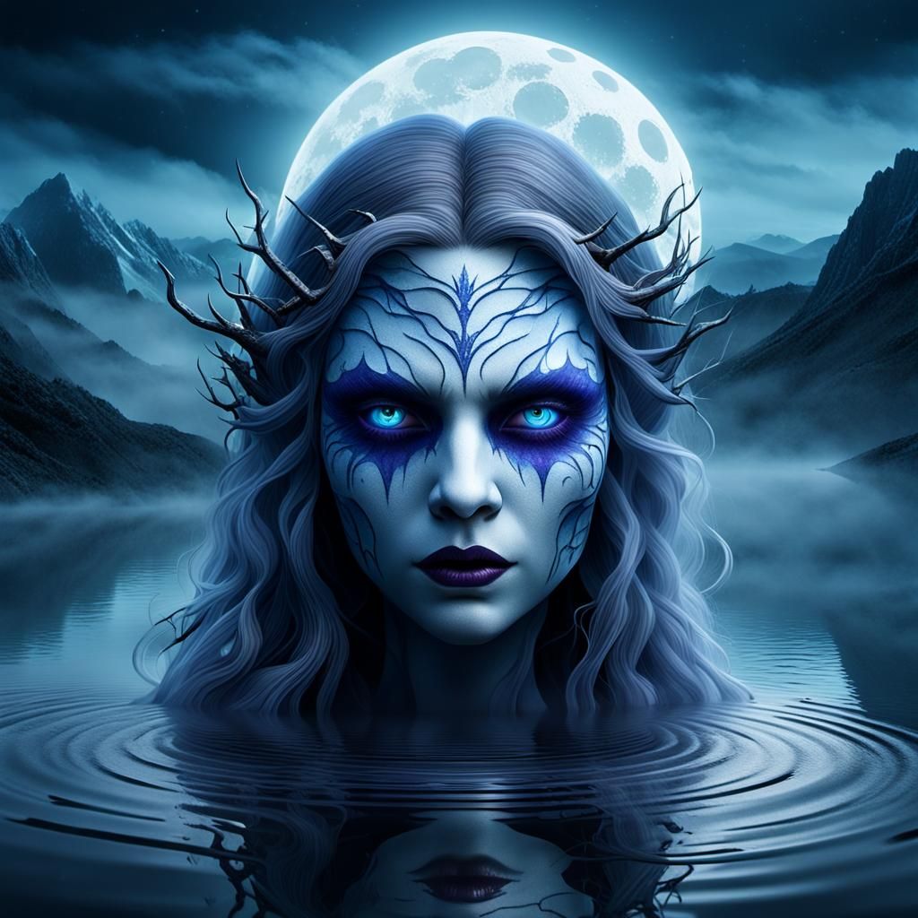 Eerie White Witch Emerges from Misty Lake