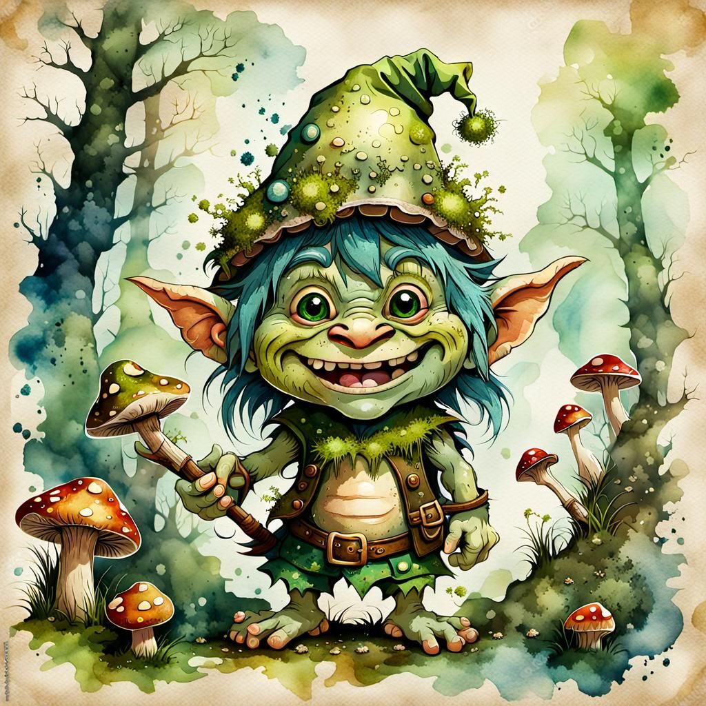 Cute Chibi Troll with Elf Hat on Parchment