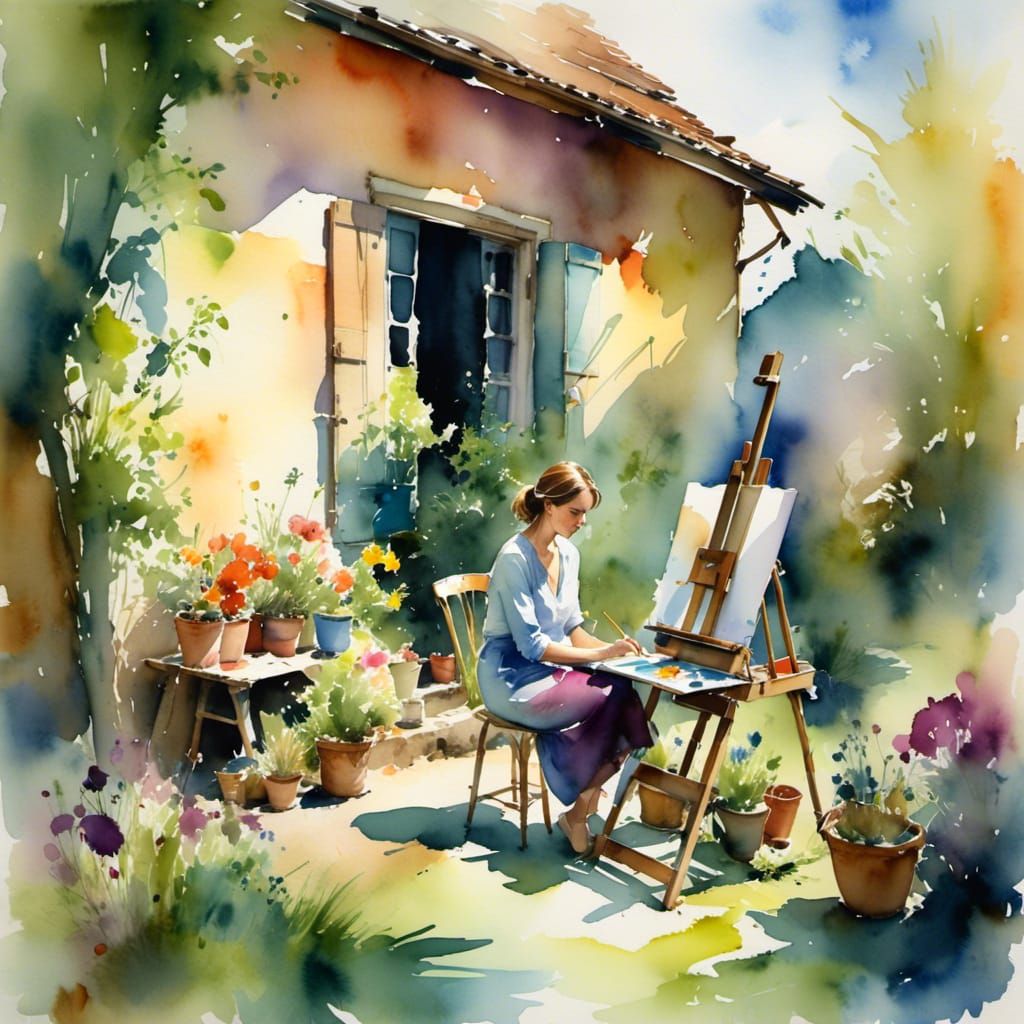 Woman Painting in Sunlit Garden, Watercolour Style