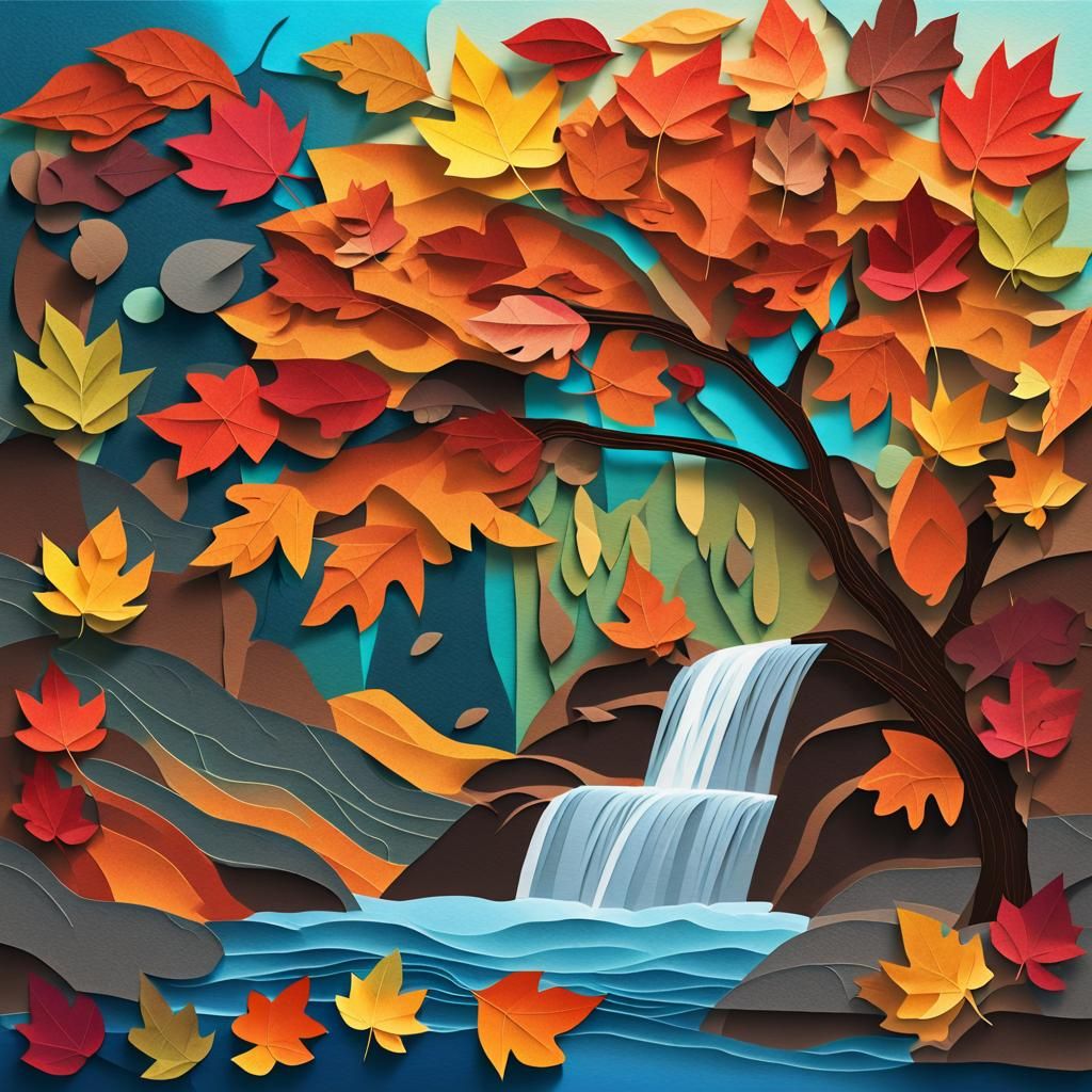 Autumn Tree and Waterfall in Matte Painting Style