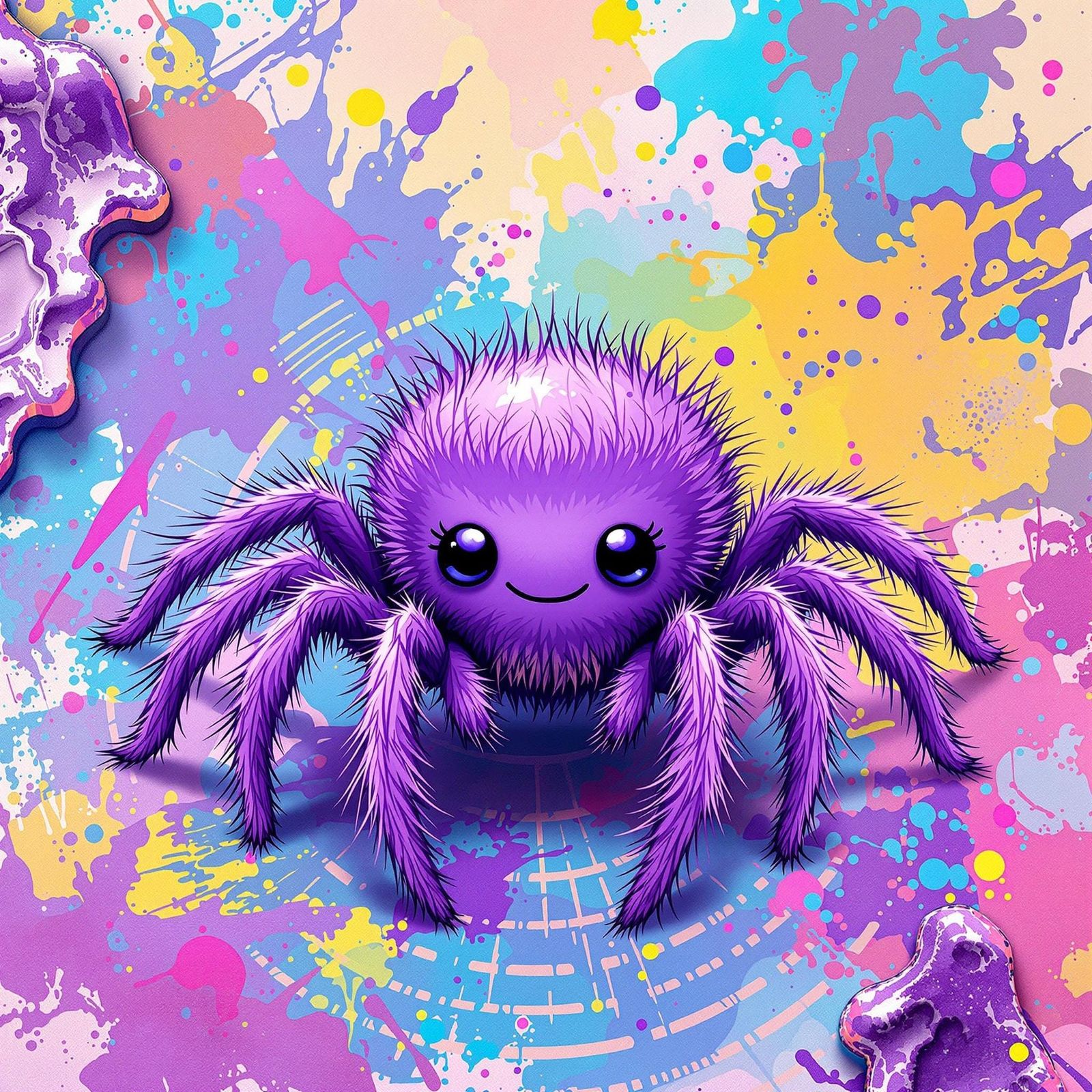 Adorable Chibi Purple Jumping Spider in Lisa Frank Style