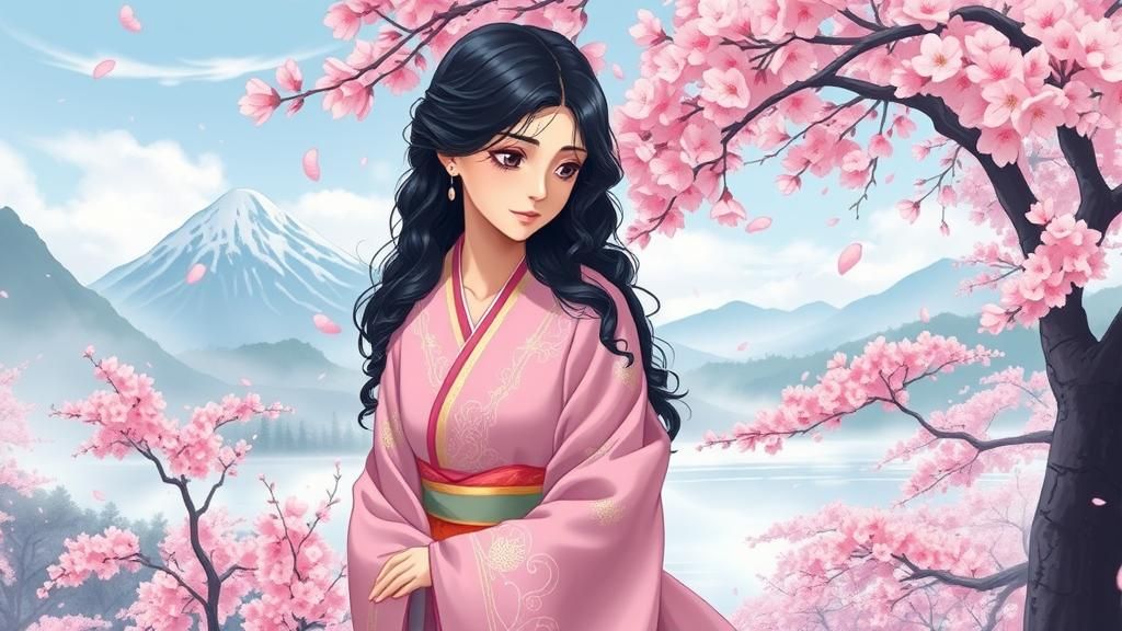 Woman in Kimono Under Cherry Blossoms