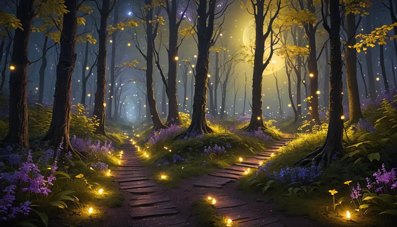 Enchanted Forest Path at Night in Fantasy Art