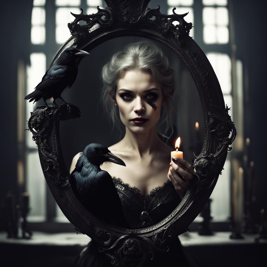 Enchanting Sorceress Reflected with Crows and Candles