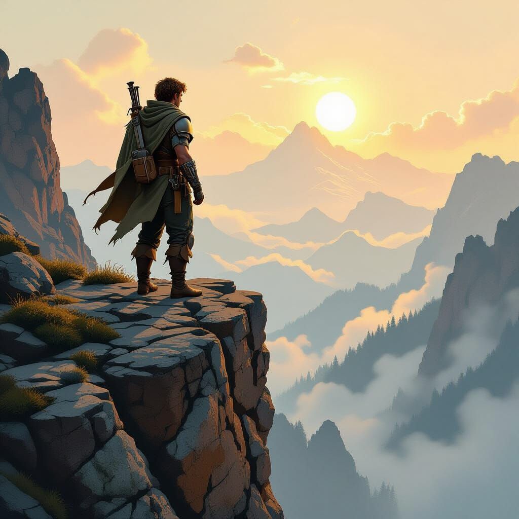 Lone Man Overlooking Kingdom in Atmospheric Landscape Style