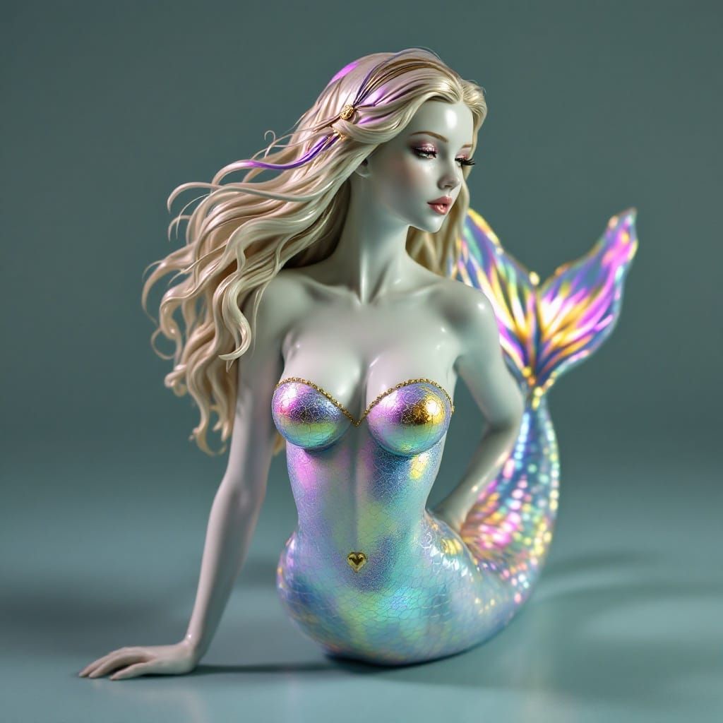 Iridescent Mermaid Figure in Gold Line Art