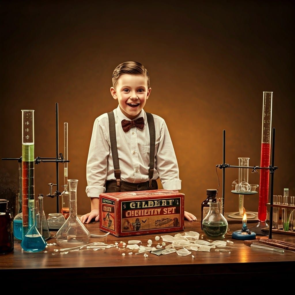 Boy Delights in Vintage Chemistry Set Discovery