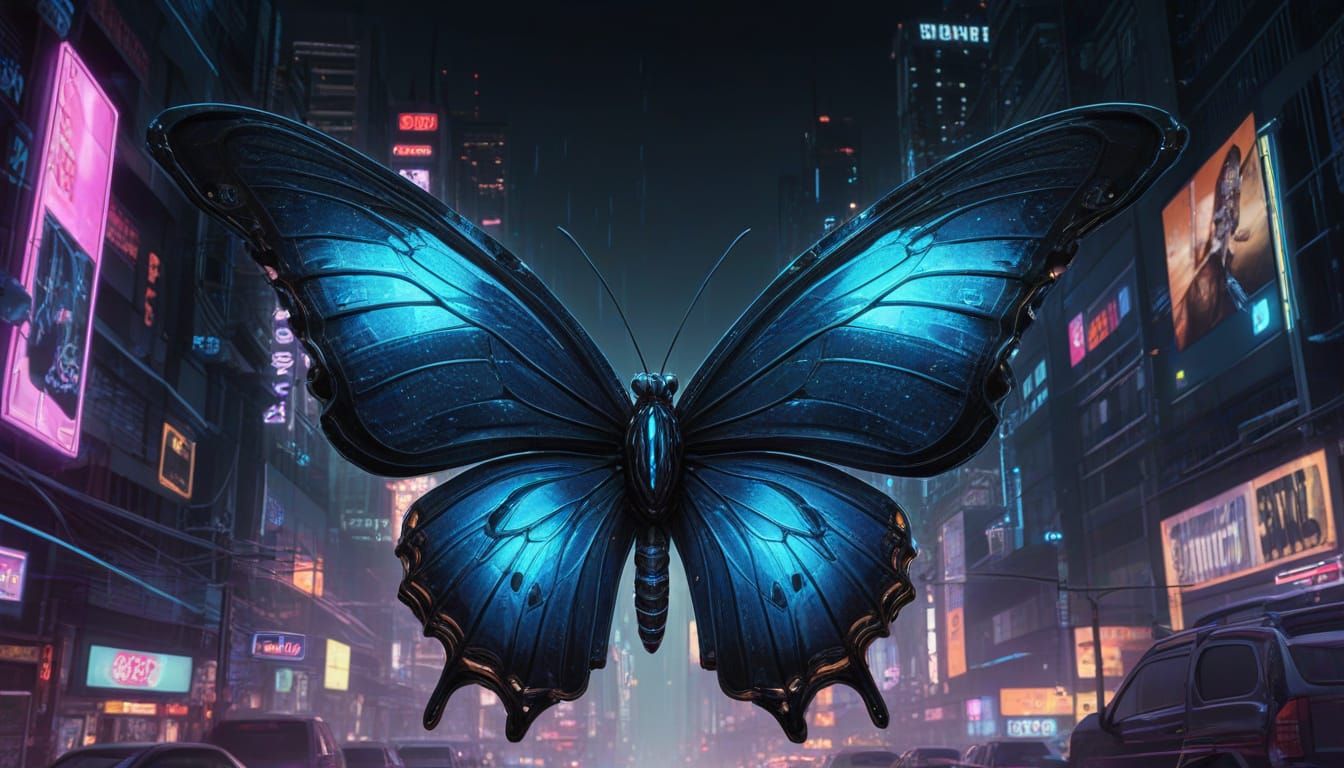 Cyberpunk Cyborg Butterfly on Metallic Flower