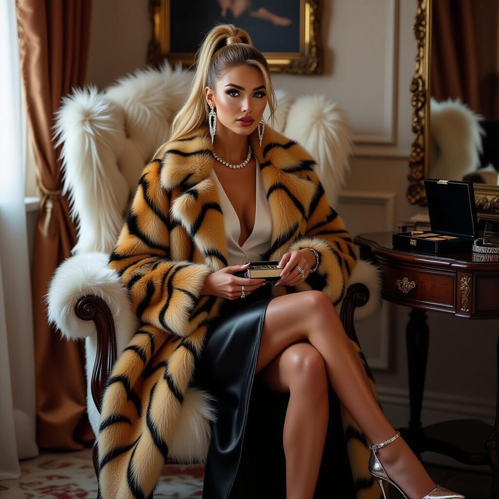 Elegant Woman in Fur Coat, Realistic Style