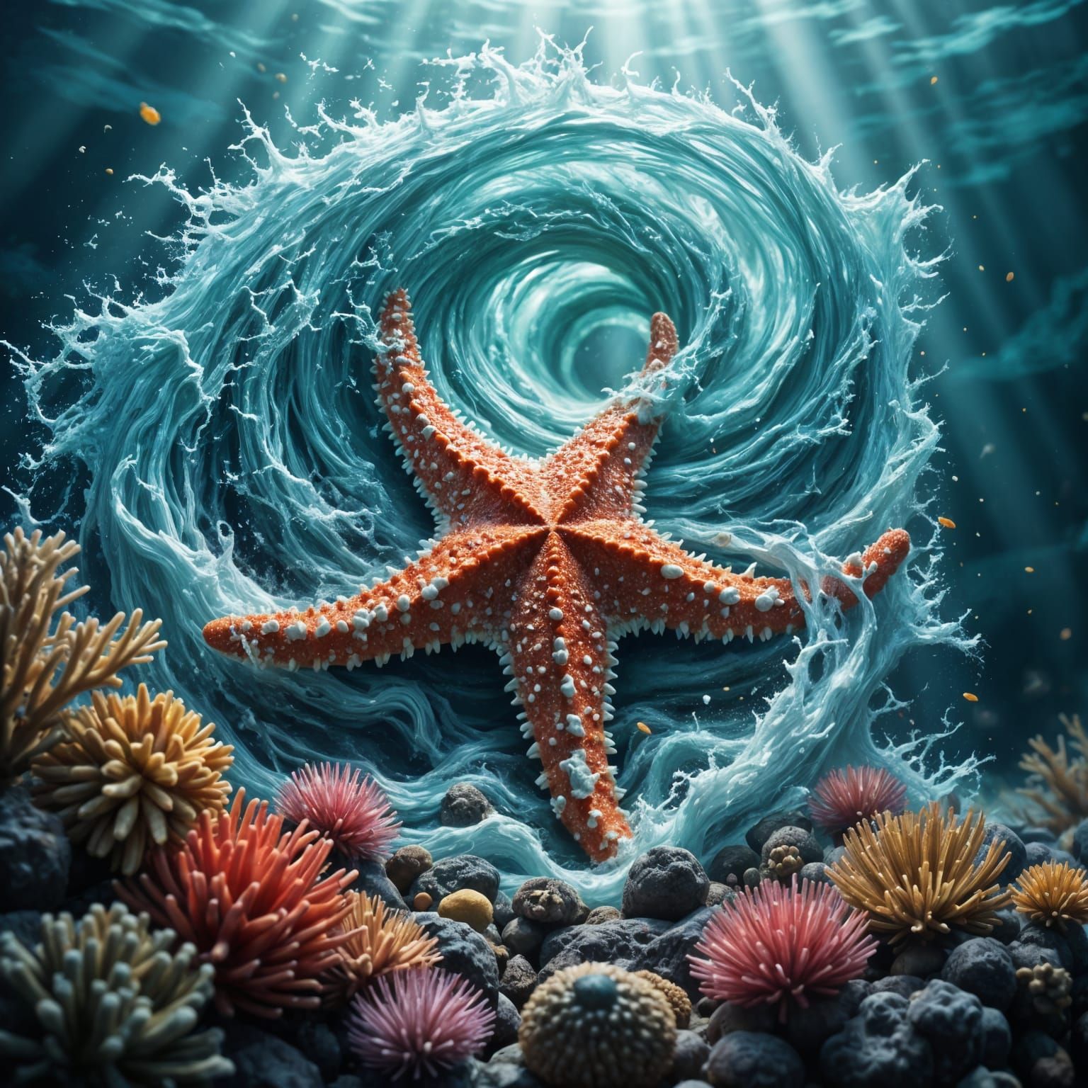 Turquoise Starfish Amidst Whirlpool