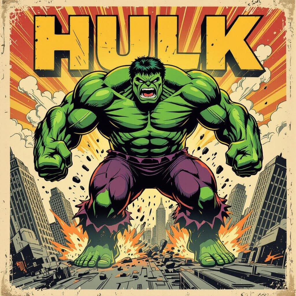 Hulk Smashes City in 1970s Comic Poster Style