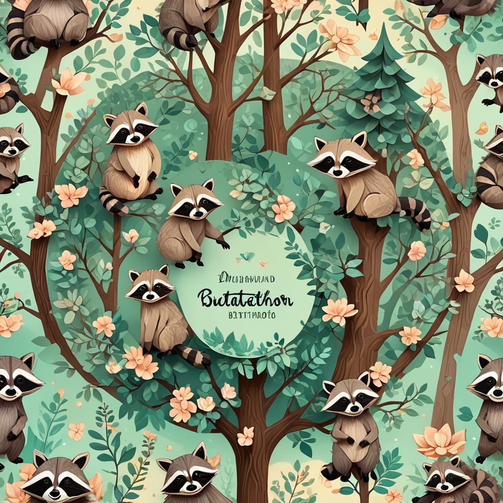 Raccoons Gathered Around Tree in Whimsical Origami Style
