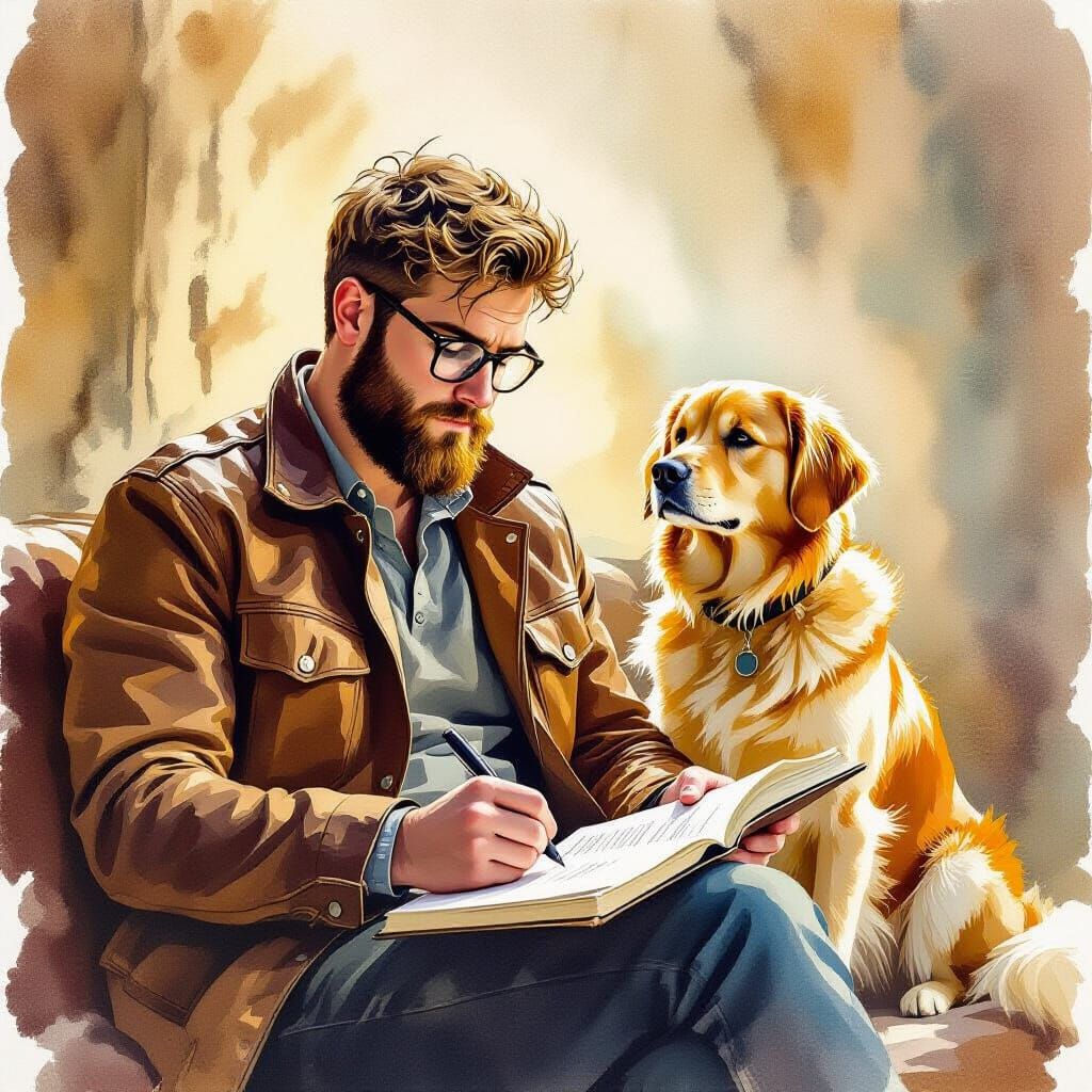 Man Writing About Global Fragility in Watercolor