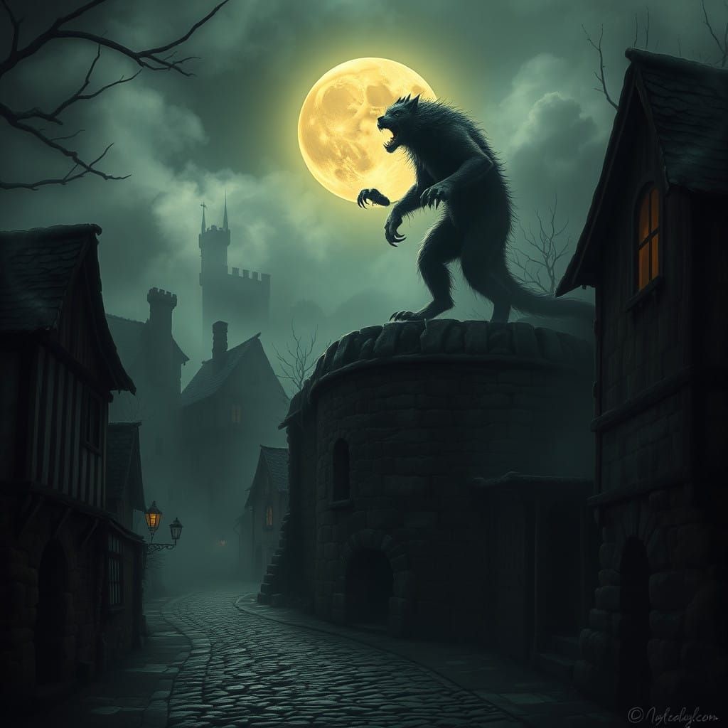 Haunted Werewolf Reigns Over Medieval Village Under Full Moo...