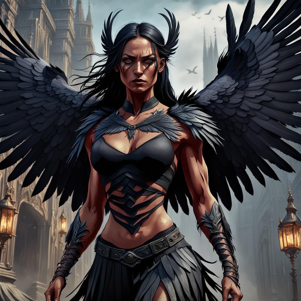 Crow Girl with Wings in Gothic Horror Style