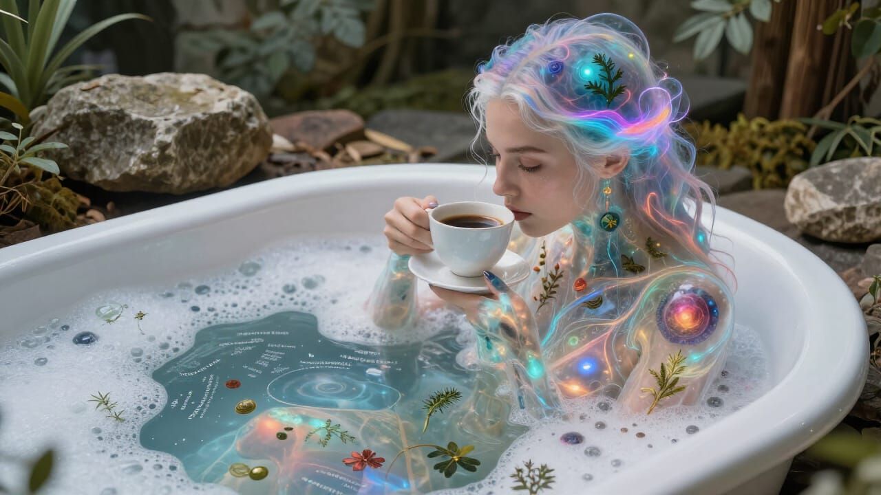 Comforting Coffee in Bubble Bath: A Surreal Cosmic Scene