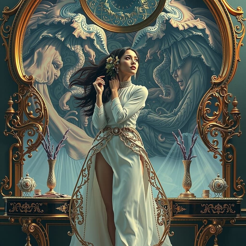 Glamorous Woman in Surreal Psychedelic Dreamscape