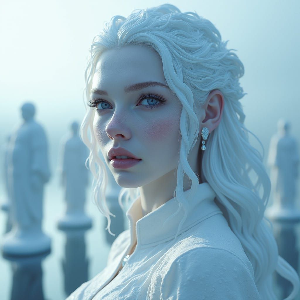 Ethereal Ice Queen Amidst Frozen Maze in Soft, Diffused Ligh...