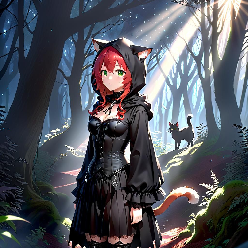 Anime Nekomimi in Mystical Forest, Watercolor Style