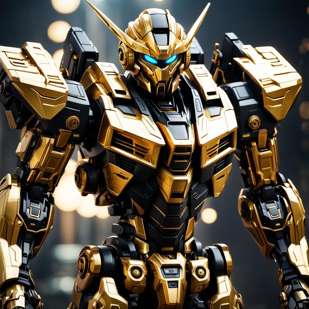 Futuristic Gold and Black Gundam Mech Suit