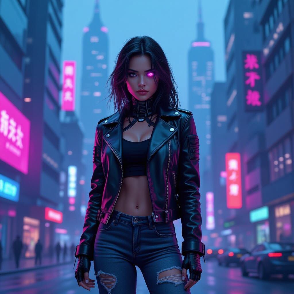 Cyborg Girl in Neon Cityscape as Cyberpunk Art