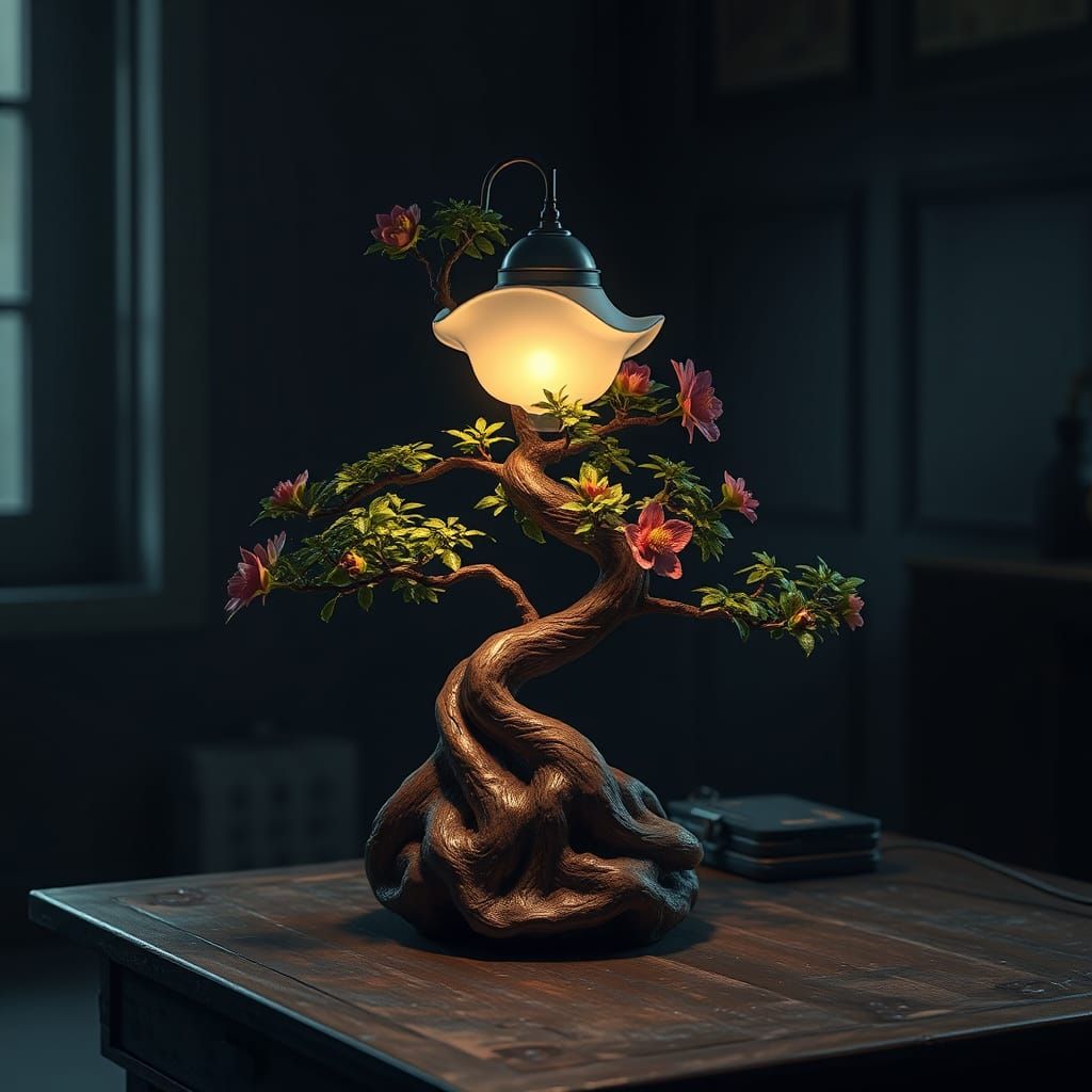 Hyperrealistic Bonsai Tree Lamp on Wooden Desk