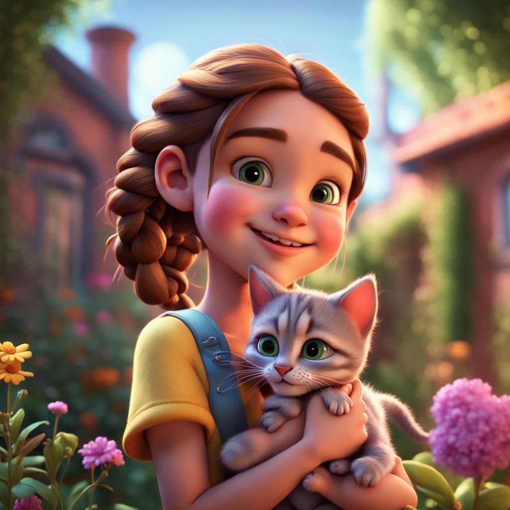 Girl with Kitten in Garden: Pixar-Style 3D Render