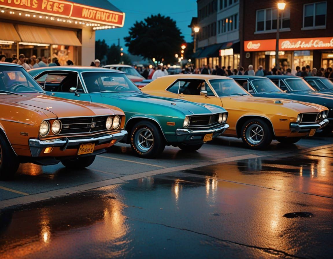 Iconic 60s & 70s Muscle Cars in Golden Hour Light